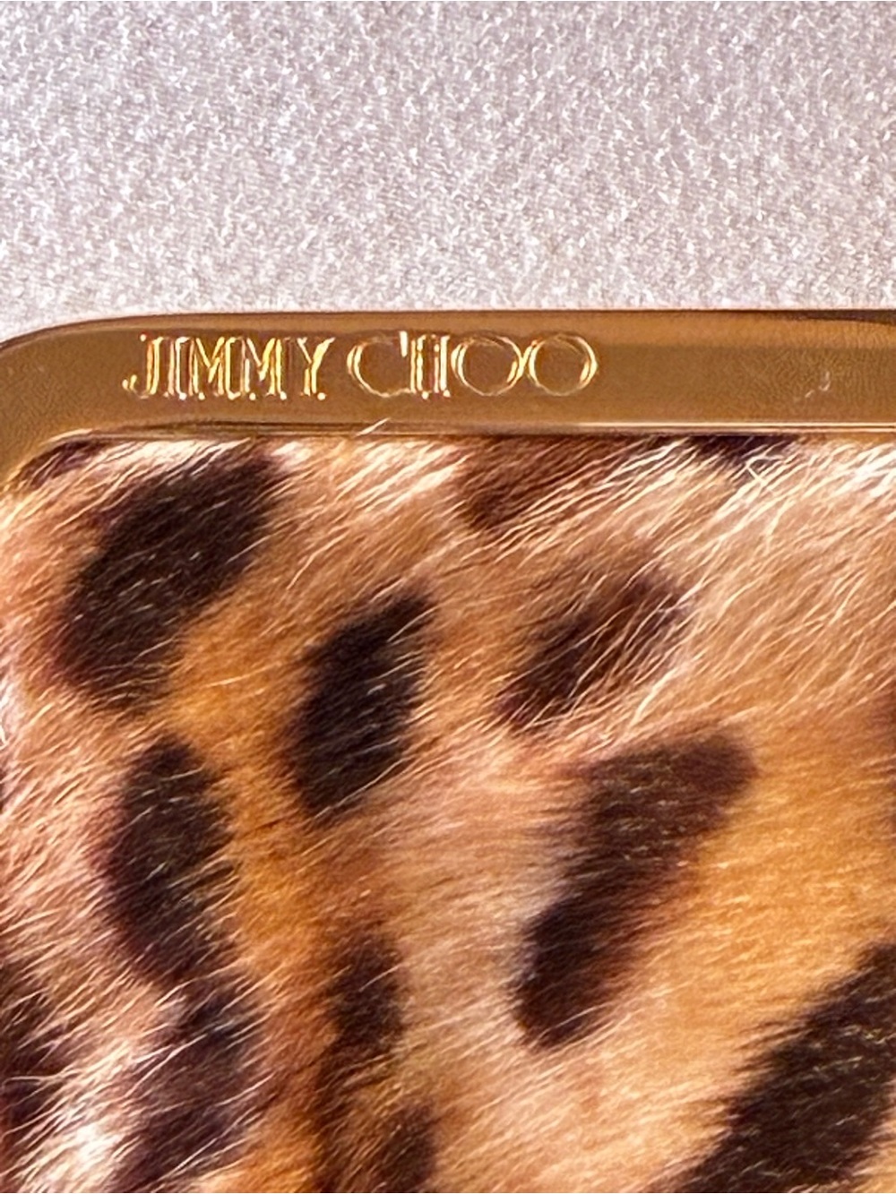 Jimmy Choo Leopard Haircalf clutch in Gold and Brown Authentic